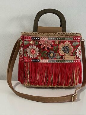 Red Embroidered Fringe Crossbody Tote with Tan Strap
